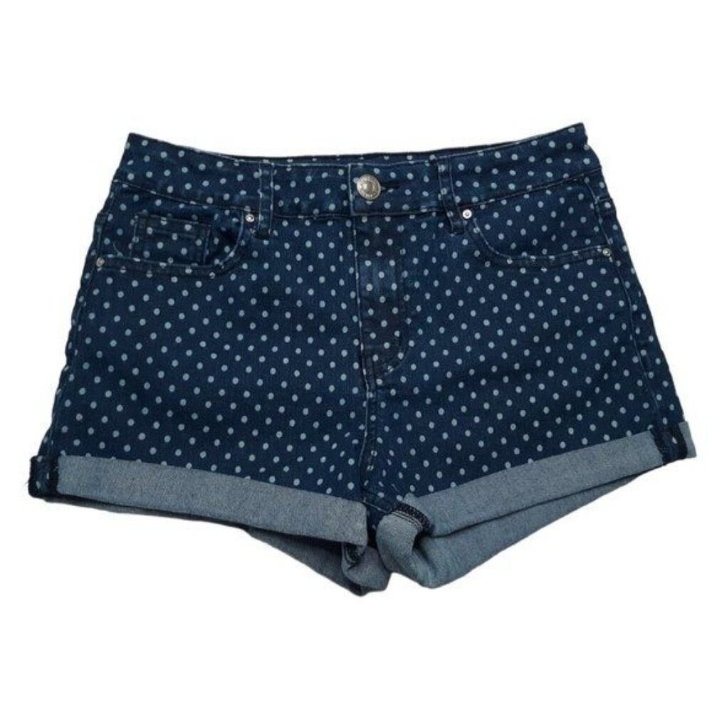 Almost Famous Shorts Polka Dot Retro Womens 7 Blue Denim High Rise Cuffed